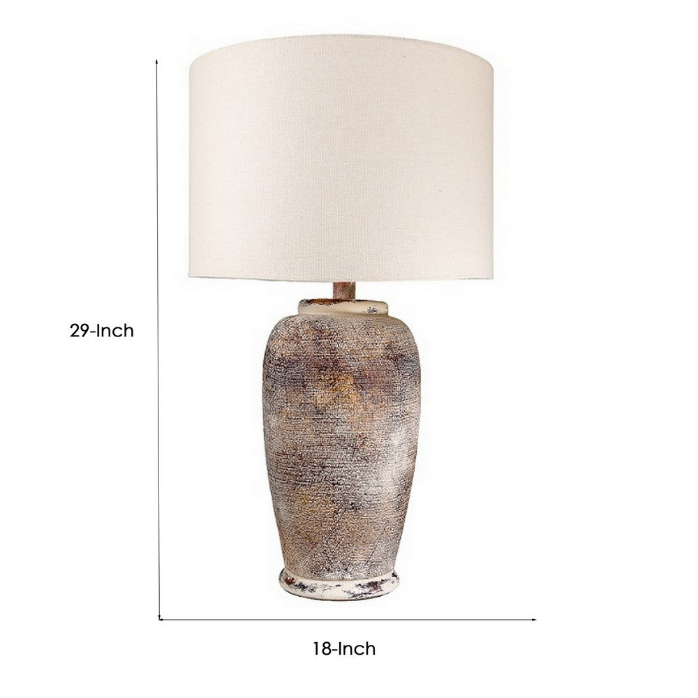 Alin 29 Inch Hydrocal Table Lamp, Drum Shade, Urn Shaped Base, Pink, Brown