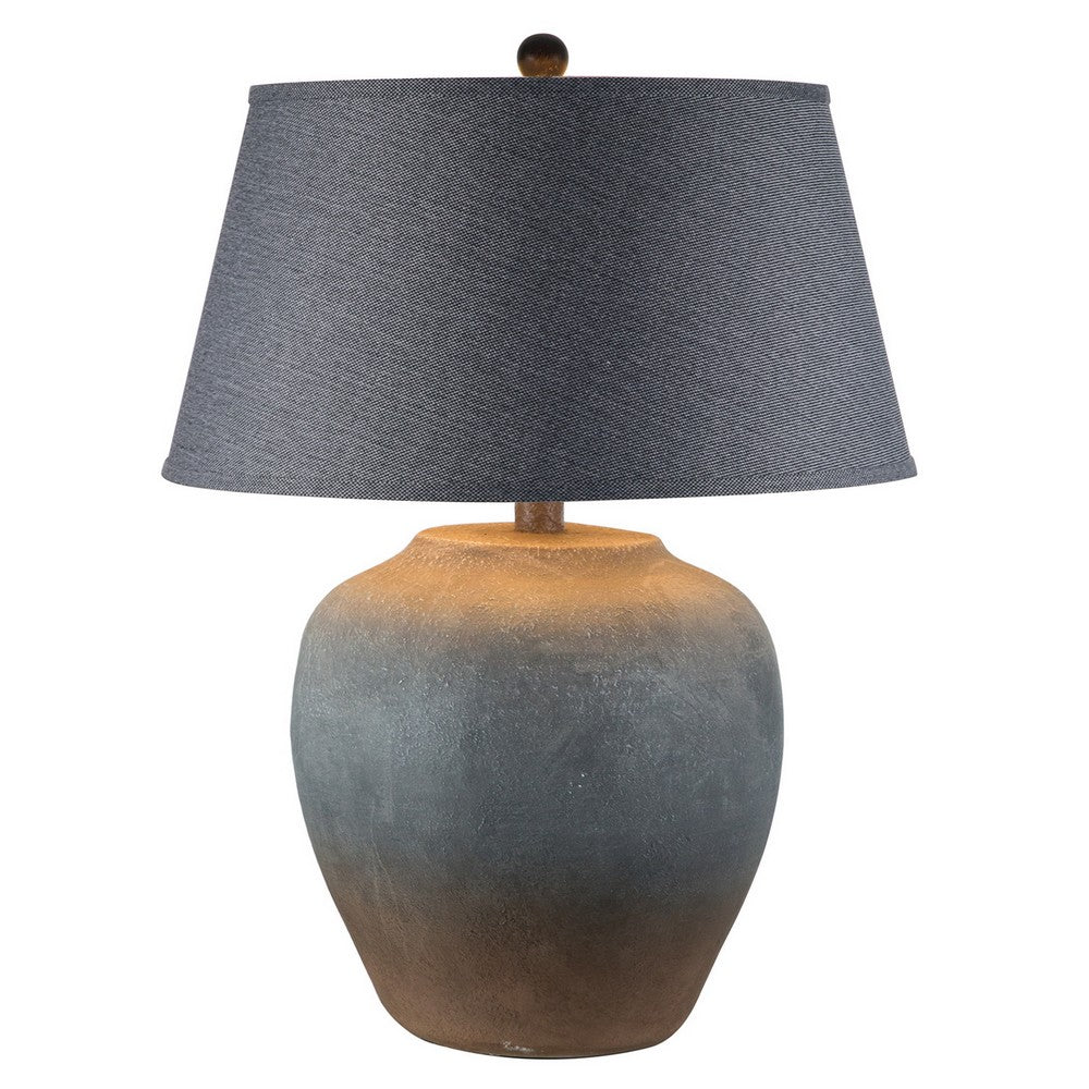 Buen 28 Inch Hydrocal Table Lamp, Black Drum Shade, Urn Base, Gray Rust