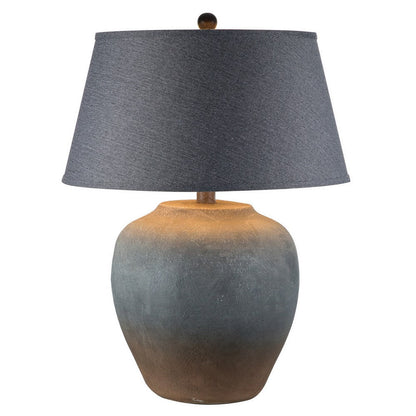 Buen 28 Inch Hydrocal Table Lamp, Black Drum Shade, Urn Base, Gray Rust