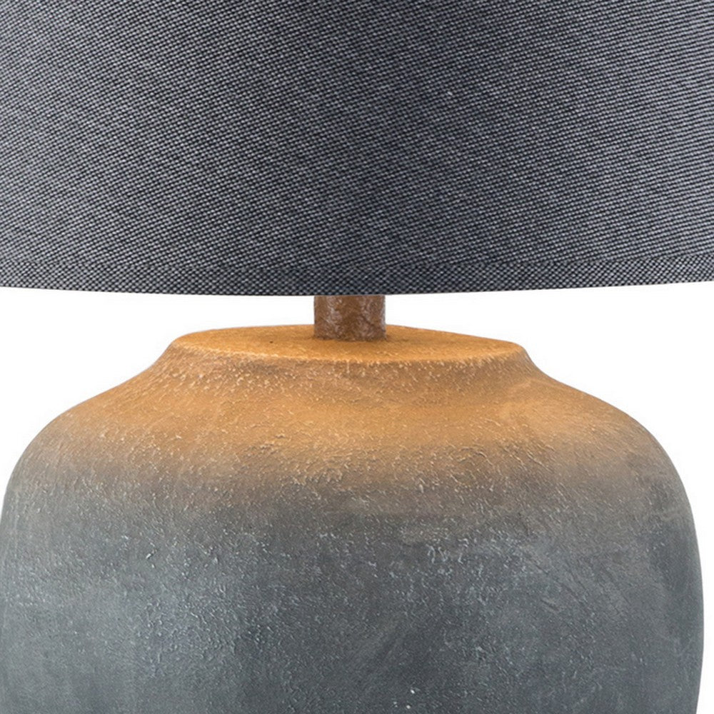 Buen 28 Inch Hydrocal Table Lamp, Black Drum Shade, Urn Base, Gray Rust
