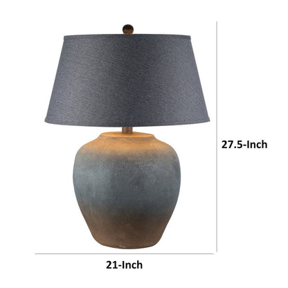 Buen 28 Inch Hydrocal Table Lamp, Black Drum Shade, Urn Base, Gray Rust