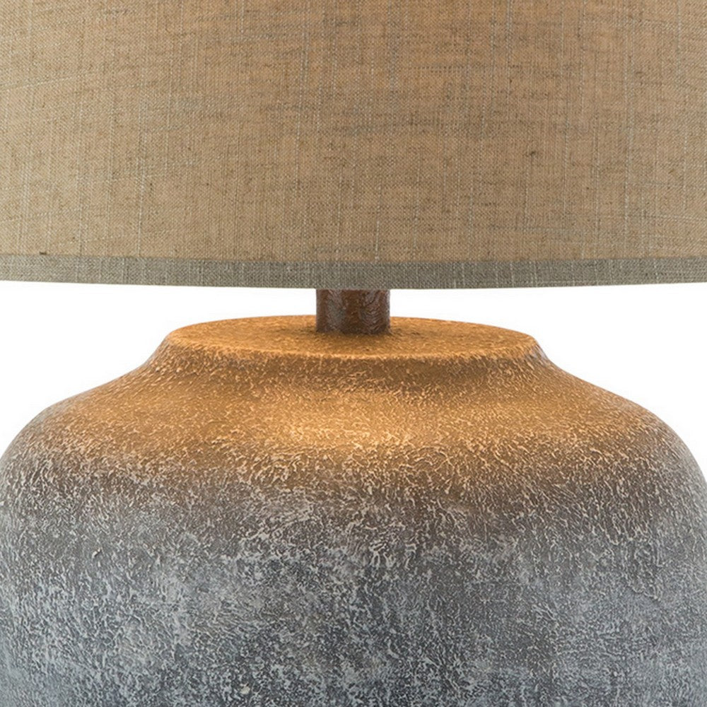 Buen 28 Inch Hydrocal Table Lamp, Drum Shade, Urn Base, Gray Rust Frost