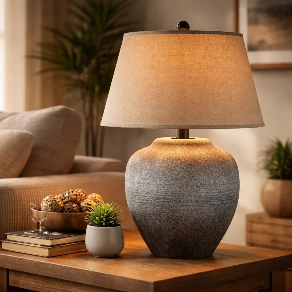 Buen 28 Inch Hydrocal Table Lamp, Drum Shade, Urn Base, Gray Rust Frost