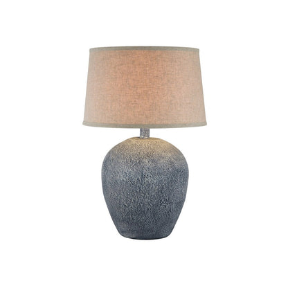 Linn 28 Inch Hydrocal Table Lamp, Drum Shade, Urn Base, Slate Blue Gray
