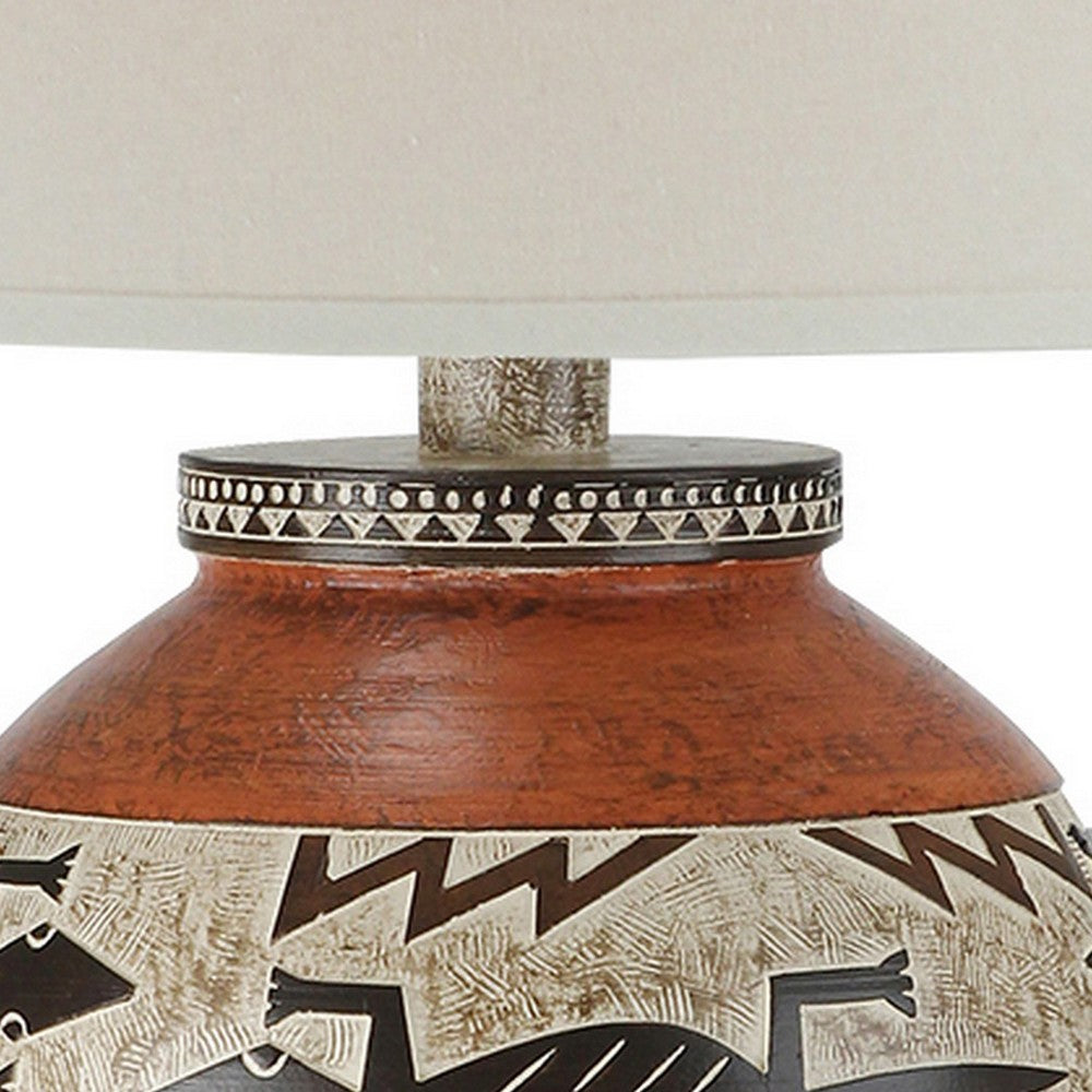 Kinn 24 Inch Hydrocal Table Lamp, Drum Shade, Tribal Style Urn Base, Brown