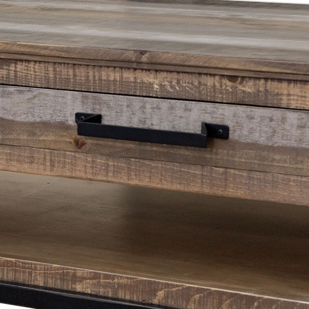 Peya 50 Inch 4 Drawer Coffee Table, Shelf, Distressed Gray, Brown Pine Wood