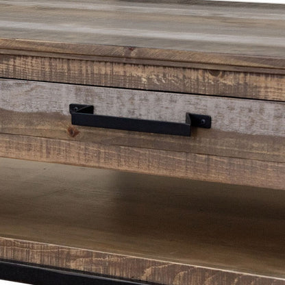 Peya 50 Inch 4 Drawer Coffee Table, Shelf, Distressed Gray, Brown Pine Wood