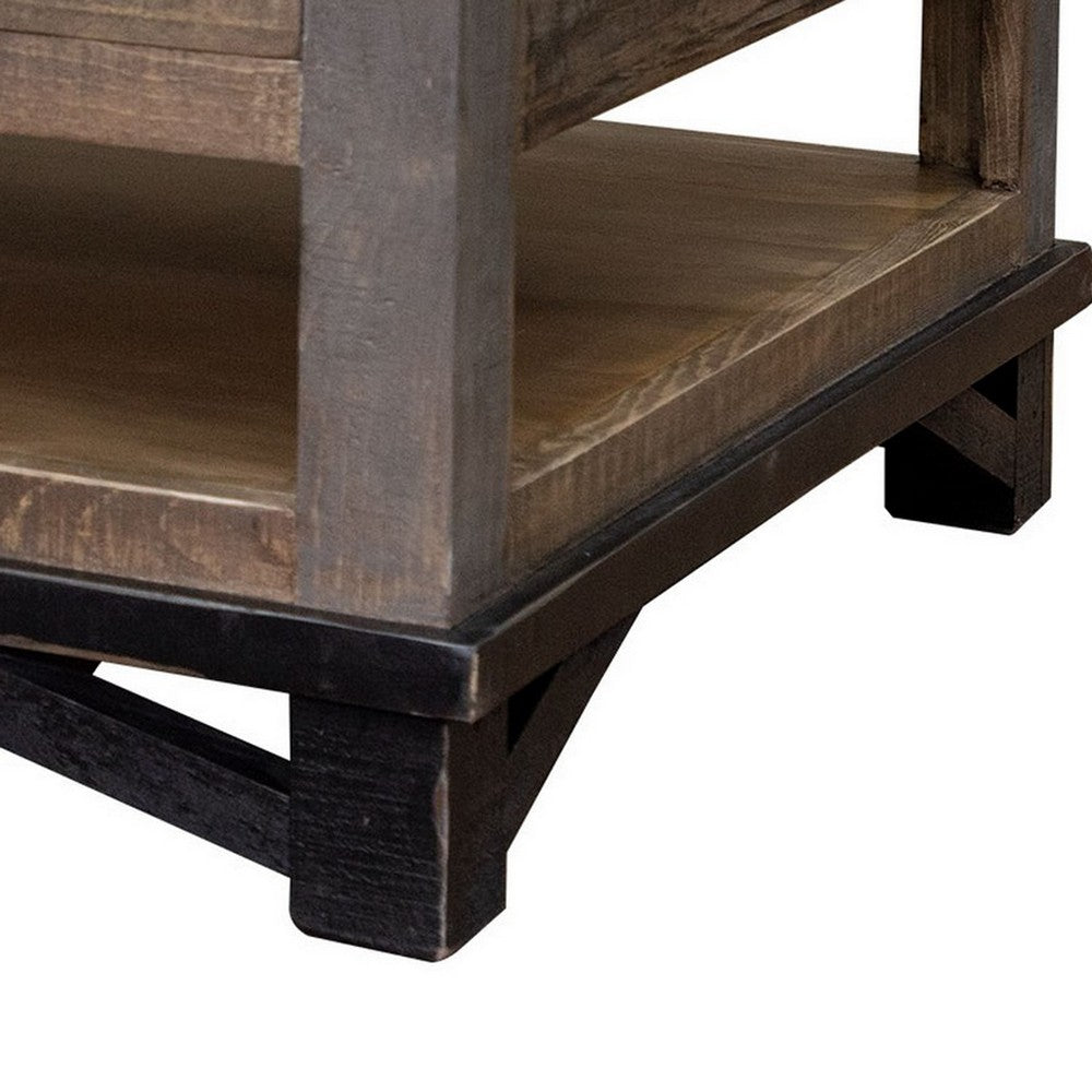 Peya 50 Inch 4 Drawer Coffee Table, Shelf, Distressed Gray, Brown Pine Wood
