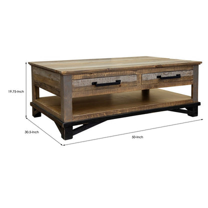 Peya 50 Inch 4 Drawer Coffee Table, Shelf, Distressed Gray, Brown Pine Wood
