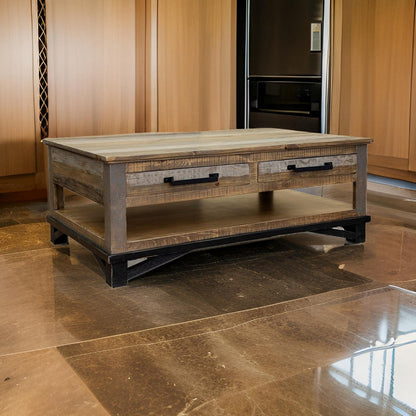 Peya 50 Inch 4 Drawer Coffee Table, Shelf, Distressed Gray, Brown Pine Wood
