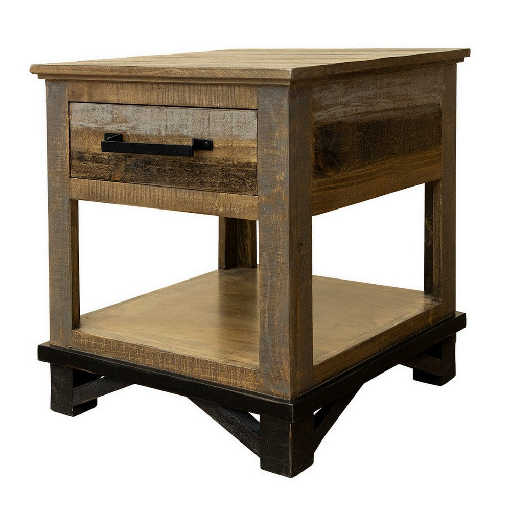 Peya 26 Inch Side End Table, Shelf, 1 Drawer, Distressed Gray, Brown Wood