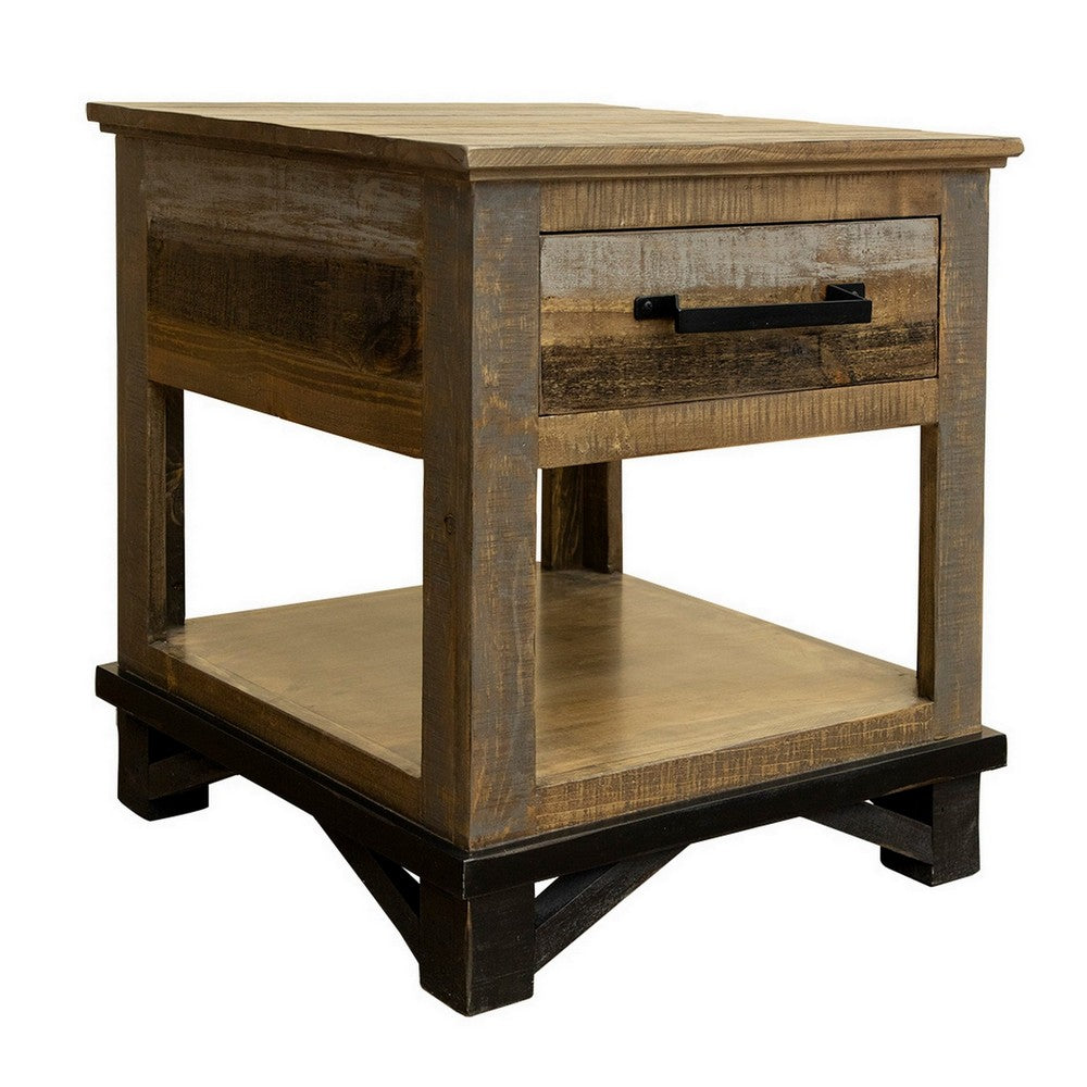 Peya 26 Inch Side End Table, Shelf, 1 Drawer, Distressed Gray, Brown Wood