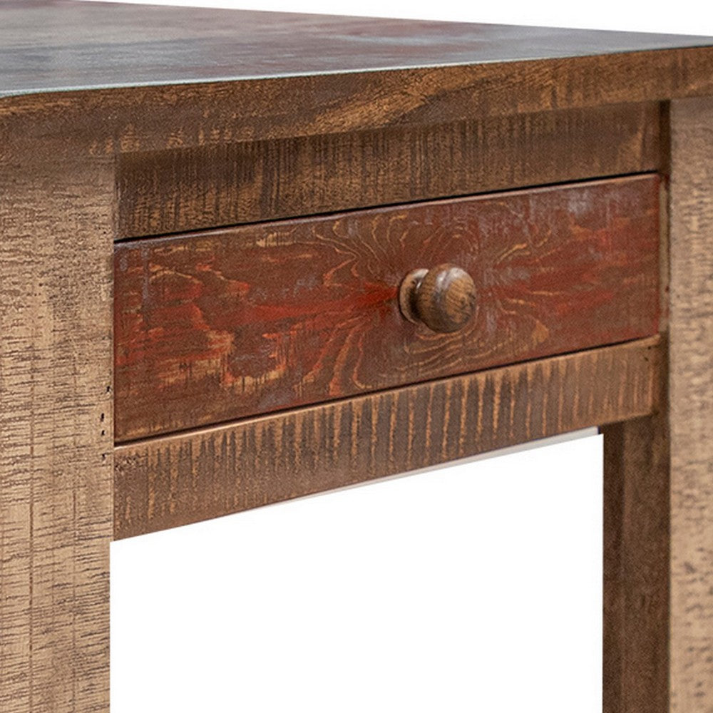 Fena 23 Inch Wide End Table, Single Drawer, Multicolor Distressed Pine Wood