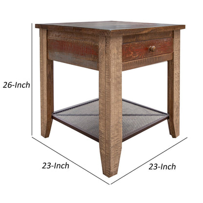 Fena 23 Inch Wide End Table, Single Drawer, Multicolor Distressed Pine Wood
