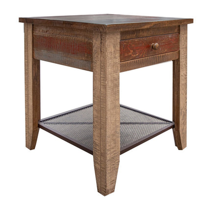 Fena 23 Inch Wide End Table, Single Drawer, Multicolor Distressed Pine Wood