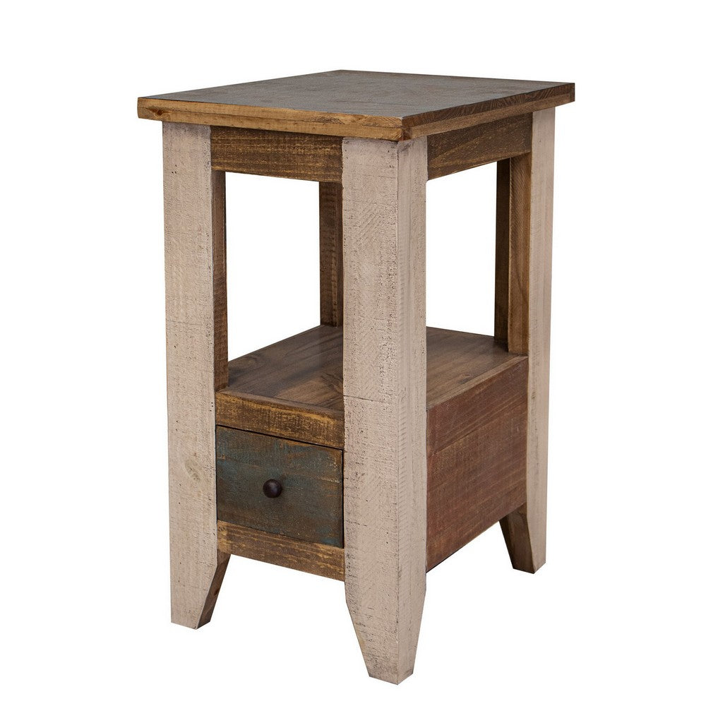 Fena 26 Inch Narrow End Table, Open Shelf, Multicolor Distress Pine Wood