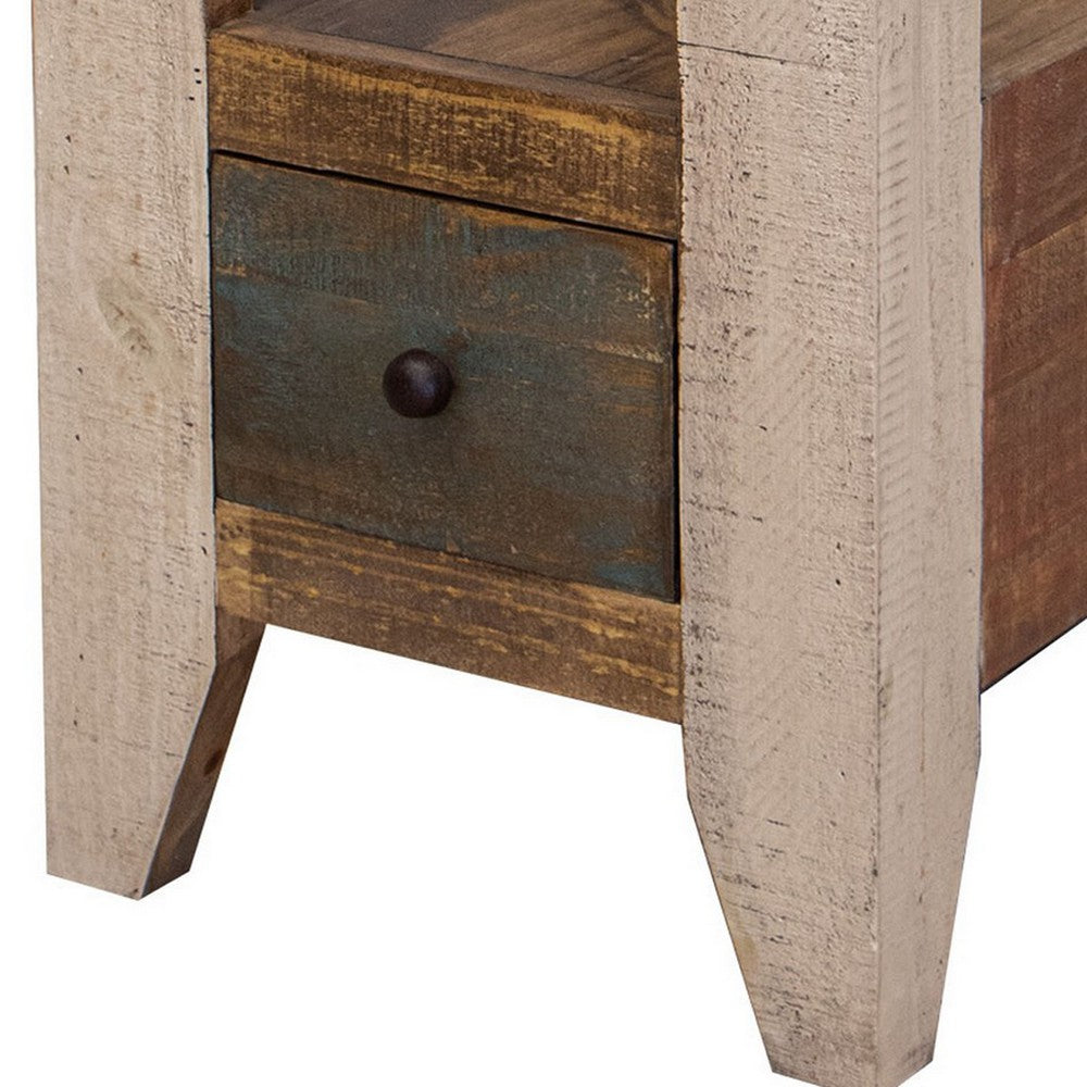 Fena 26 Inch Narrow End Table, Open Shelf, Multicolor Distress Pine Wood