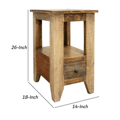 Fena 26 Inch Narrow End Table, Open Shelf, Multicolor Distress Pine Wood