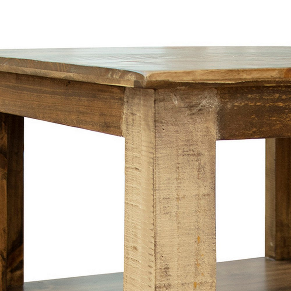 Fena 26 Inch 2 Drawer End Table, Open Shelf, Multicolor Distress Pine Wood