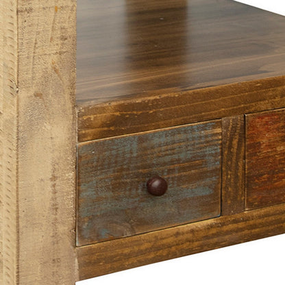 Fena 26 Inch 2 Drawer End Table, Open Shelf, Multicolor Distress Pine Wood