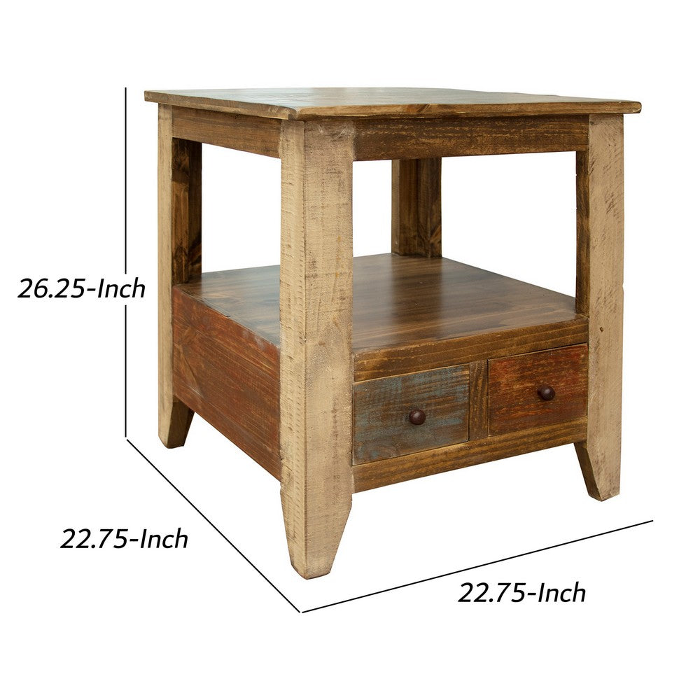 Fena 26 Inch 2 Drawer End Table, Open Shelf, Multicolor Distress Pine Wood