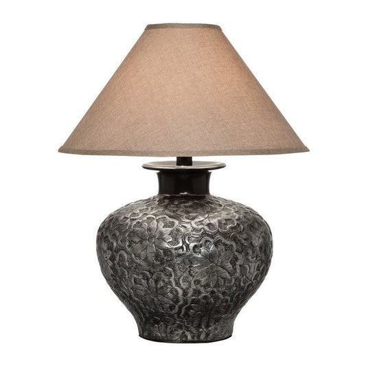 Neji 26 Inch Table Lamp, Curved Pot Design Base, Floral Pattern, Silver