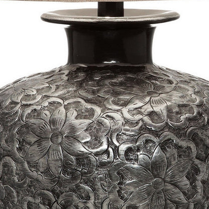 Neji 26 Inch Table Lamp, Curved Pot Design Base, Floral Pattern, Silver