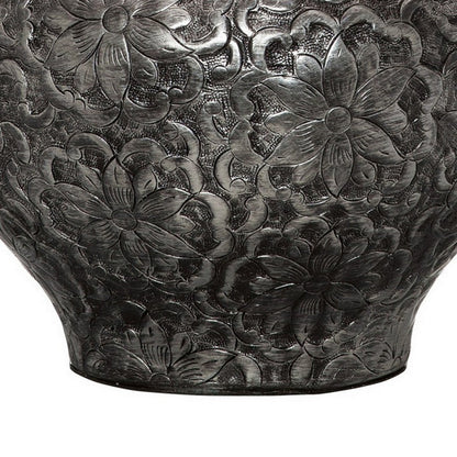 Neji 26 Inch Table Lamp, Curved Pot Design Base, Floral Pattern, Silver