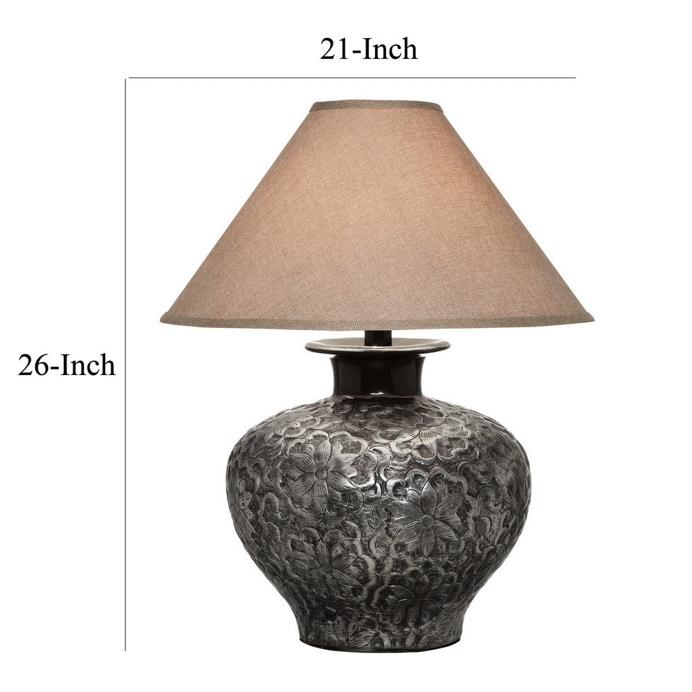 Neji 26 Inch Table Lamp, Curved Pot Design Base, Floral Pattern, Silver