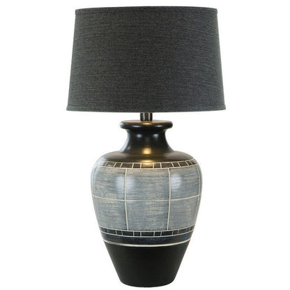 Riza 30 Inch Table Lamp, Curved Vase Shape, Dual Tone Gray, Drum Shade