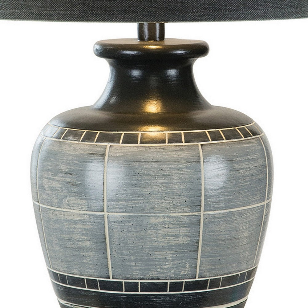 Riza 30 Inch Table Lamp, Curved Vase Shape, Dual Tone Gray, Drum Shade