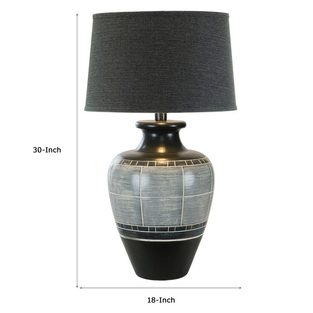 Riza 30 Inch Table Lamp, Curved Vase Shape, Dual Tone Gray, Drum Shade