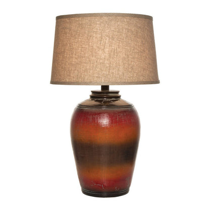 Ruhi 31 Inch Table Lamp, Curved Pot, Multicolor, Drum Shade, Brown, Orange