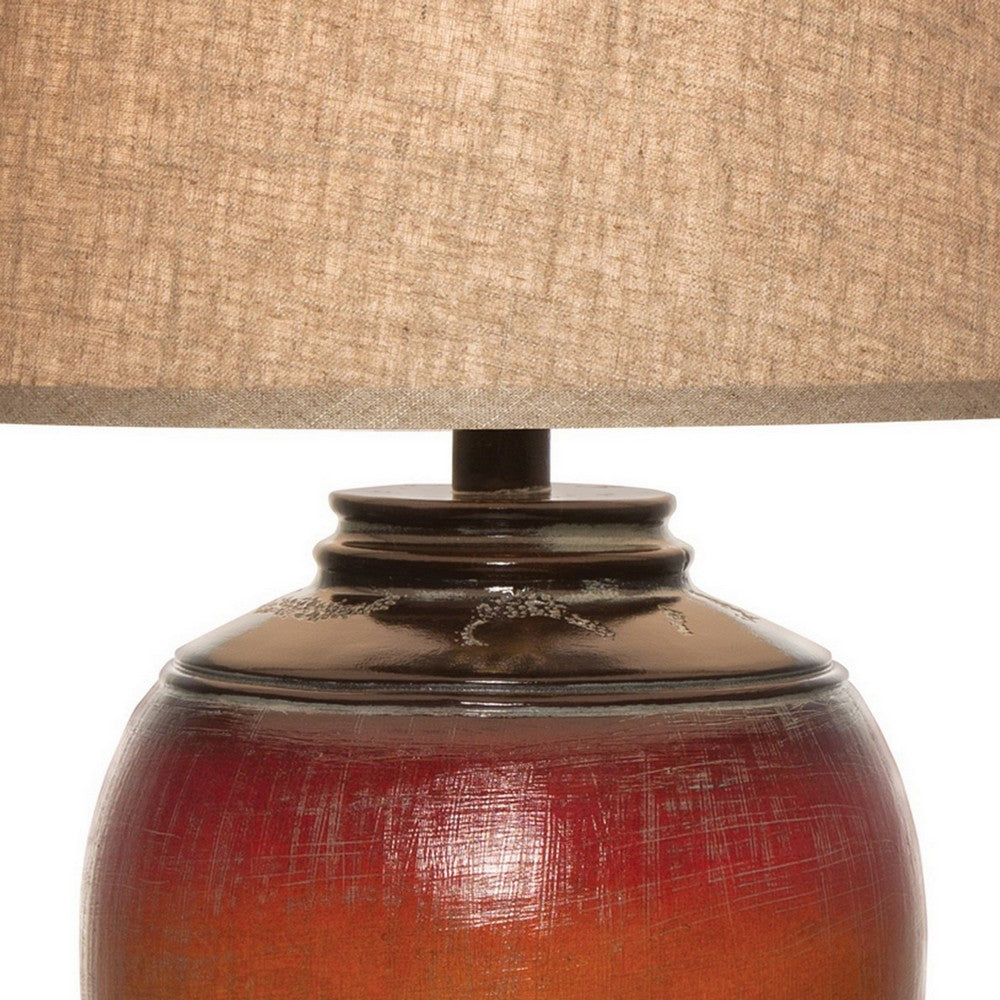 Ruhi 31 Inch Table Lamp, Curved Pot, Multicolor, Drum Shade, Brown, Orange