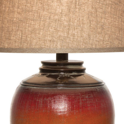Ruhi 31 Inch Table Lamp, Curved Pot, Multicolor, Drum Shade, Brown, Orange