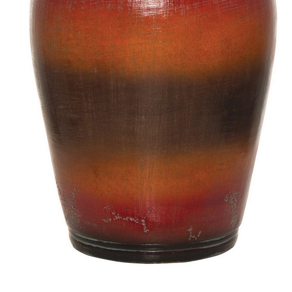 Ruhi 31 Inch Table Lamp, Curved Pot, Multicolor, Drum Shade, Brown, Orange