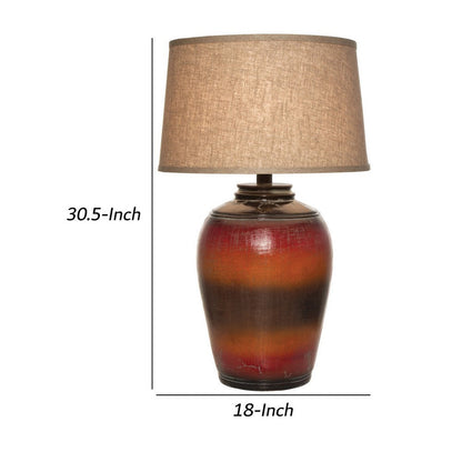 Ruhi 31 Inch Table Lamp, Curved Pot, Multicolor, Drum Shade, Brown, Orange