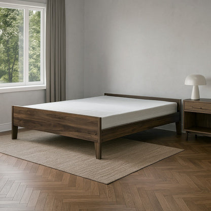 Sof Queen Size Platform Bed, Low Profile, Footboard, Dark Brown Finish