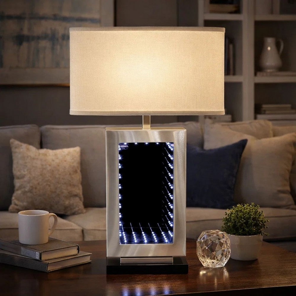 Ziva 27 Inch Table Lamp, LED Night Light, Rectangular Shade, Matte Silver