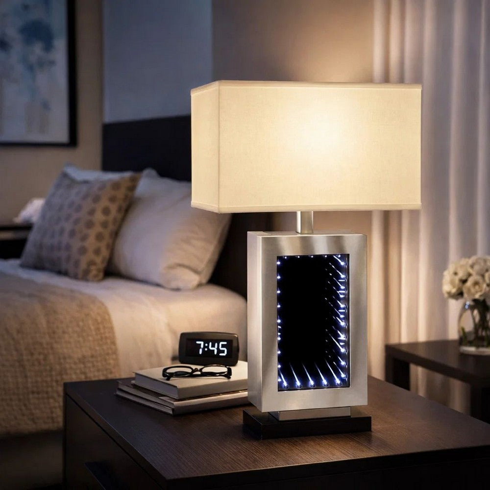Ziva 27 Inch Table Lamp, LED Night Light, Rectangular Shade, Matte Silver