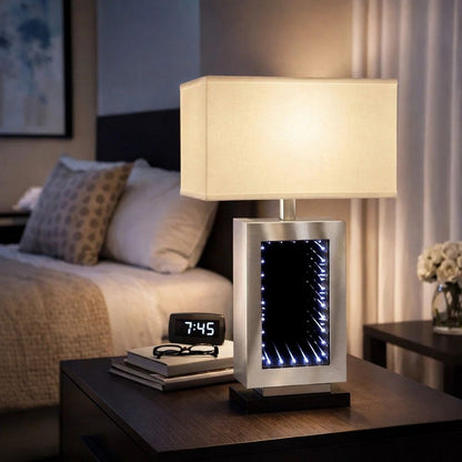 Ziva 27 Inch Table Lamp, LED Night Light, Rectangular Shade, Matte Silver
