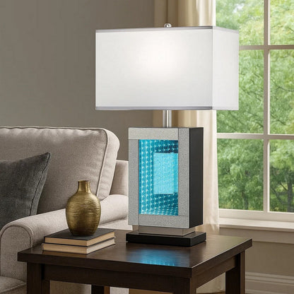 Ziva 27 Inch Table Lamp, LED Night Light, Rectangular Shade, Shiny Silver