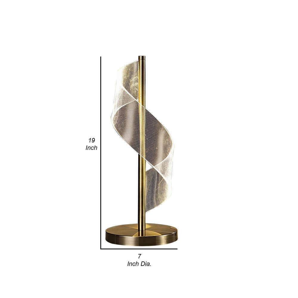 Melly 19 Inch Table Lamp, LED Swirl Ribbon Design, Acrylic, Antique Brass