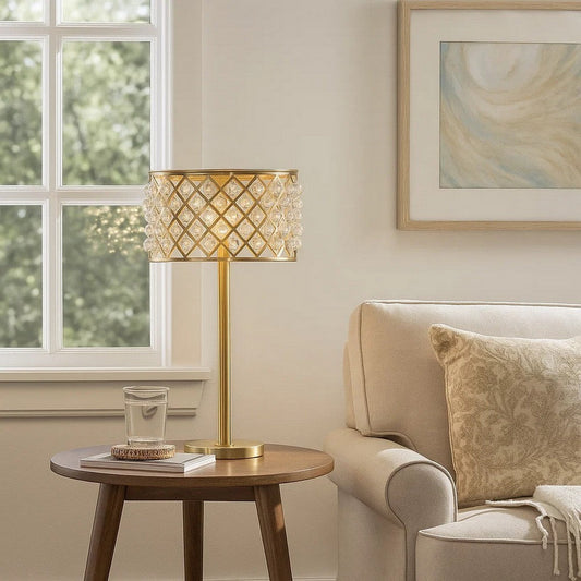 Dany 28 Inch Table Lamp with Crystal Drum Shade, Gold Brass Metal Base