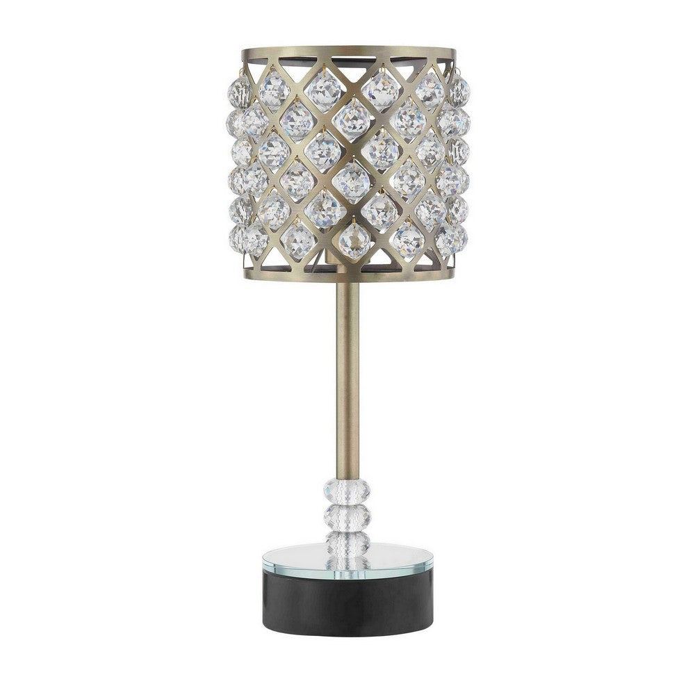 Dany 24 Inch Table Lamp with Crystal Drum Shade, Black Metal, Antique Brass