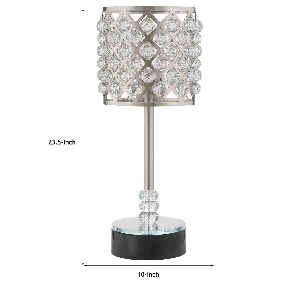 Dany 24 Inch Table Lamp with Crystal Drum Shade, Metal, Brushed Nickel