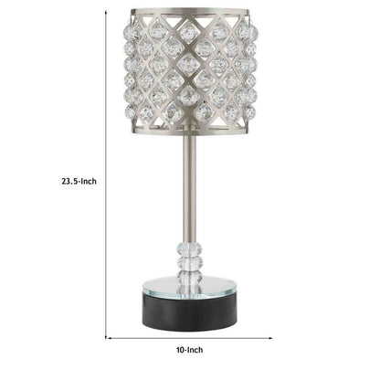 Dany 24 Inch Table Lamp with Crystal Drum Shade, Metal, Brushed Nickel