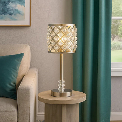 Dany 24 Inch Table Lamp with Crystal Drum Shade, Metal, Brushed Nickel