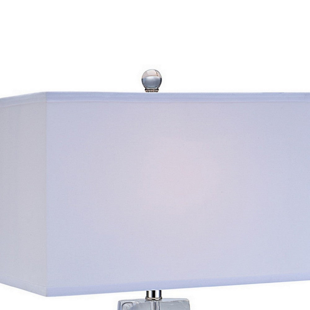 28 Inch Table Lamp, Crystal Stand, White Rectangular Shade, Metal, Clear