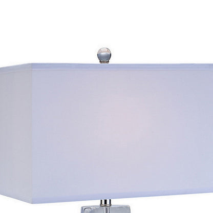 28 Inch Table Lamp, Crystal Stand, White Rectangular Shade, Metal, Clear